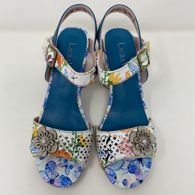 Sandalo multicolor con tacco trasparente